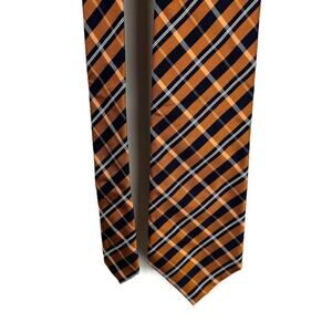 D’Este 100% Silk Plaid Neck Tie Orange Navy Blue Tan Career Office Professional
